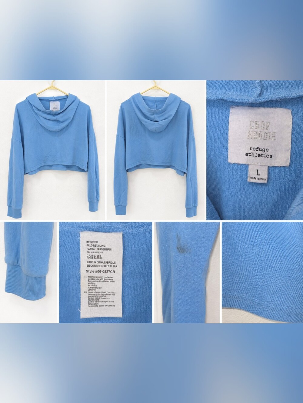 Refuge Athletics Blue Crop Hoodie Size Large Long Sleeve Pullover